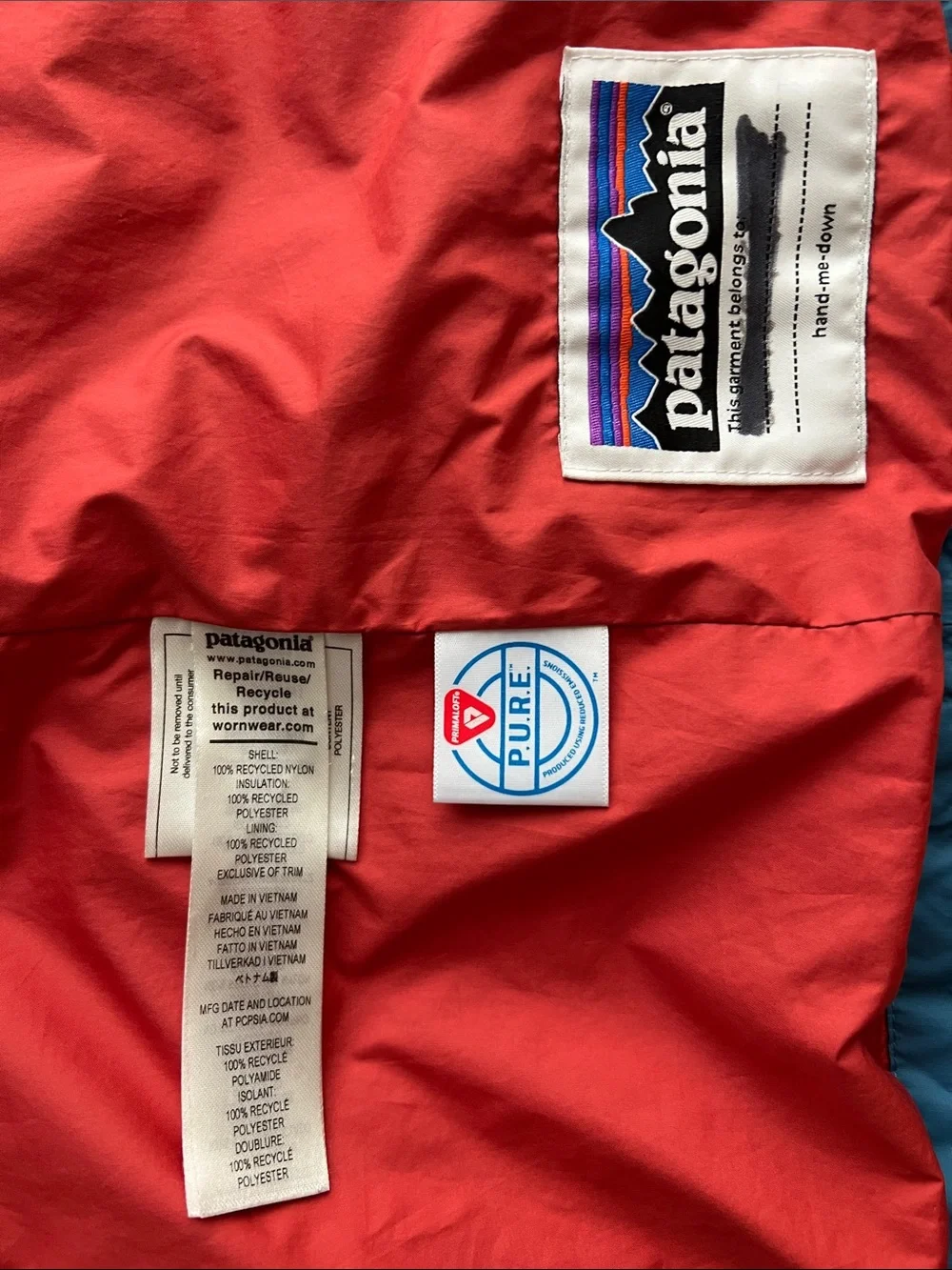 Patagonia Kids Teal Blue Puffer Jacket with Red Zipper